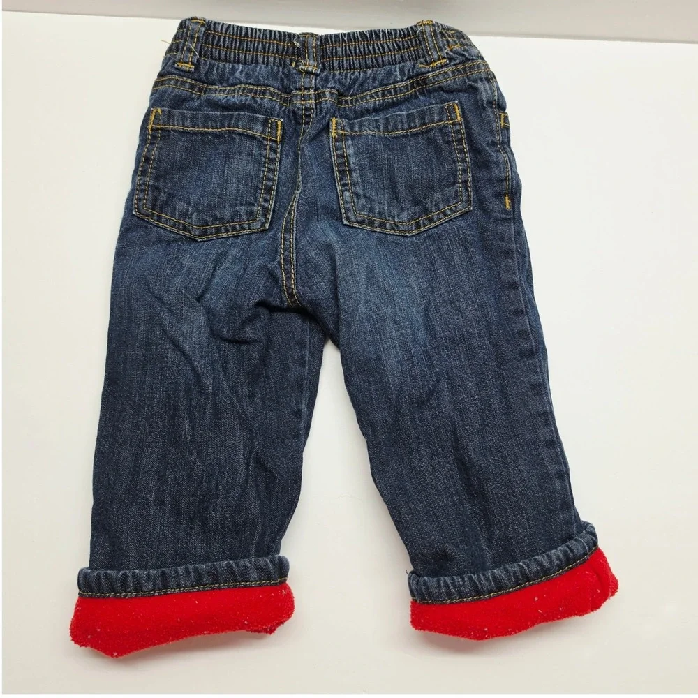 Old Navy Toddler Boys Fleece Lined Denim Jeans Dark Wash Blue Red 12-18 Months